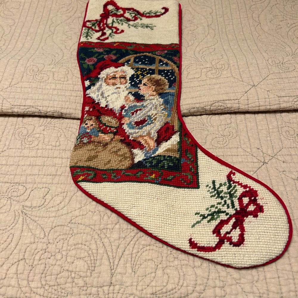 Vintage 100% Wool Needlepoint Santa Stocking